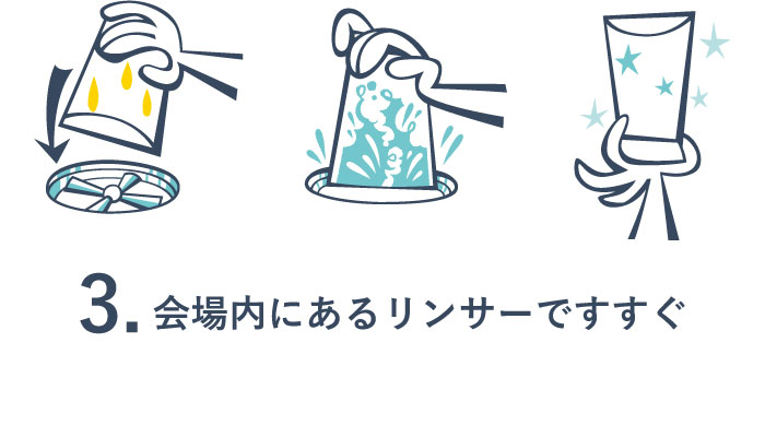 3.会場内にあるリンサーですすぐ